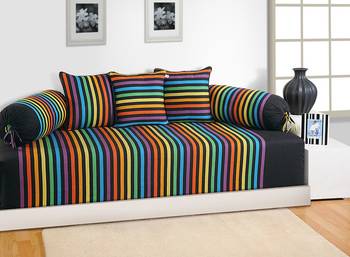 Blue and Yellow Colour Stripes Diwan Set with Bolster and Cushion Covers 1