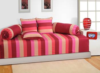 Magenta and Beige Colour Stripes Diwan Set with Bolster and Cushion Covers 1