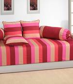 Magenta and Beige Colour Stripes Diwan Set with Bolster and Cushion Covers