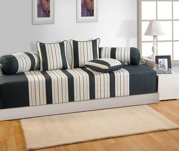Black and Cream Colour Stripes Diwan Set with Bolster and Cushion Covers 1