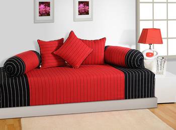 Black and Red Colour Stripes Diwan Set with Bolster and Cushion Covers 1