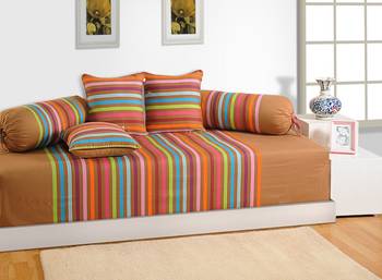 Beige and Teal Colour Stripes Diwan Set with Bolster and Cushion Covers 1