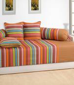 Beige and Teal Colour Stripes Diwan Set with Bolster and Cushion Covers