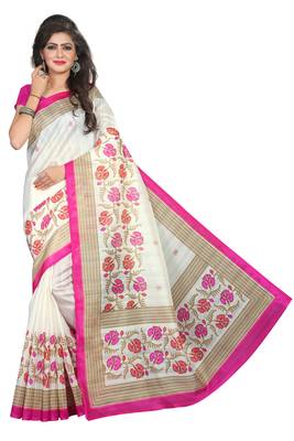 Pink printed bhagalpuri silk saree with blouse 1