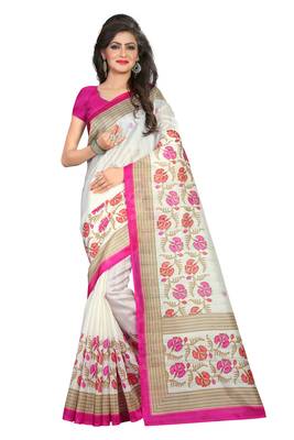 Pink printed bhagalpuri silk saree with blouse 4