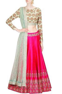 Pink embroidered silk unstitched lehenga with dupatta 1