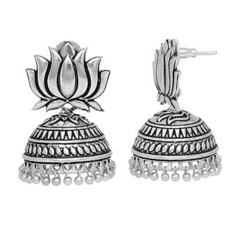 Silver Tone Lotus Design Stud Jhumki Earrings For Party Function 2