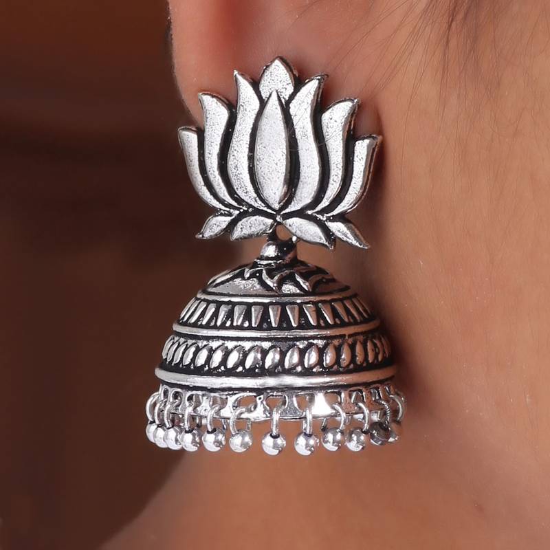 Silver Tone Lotus Design Stud Jhumki Earrings For Party Function