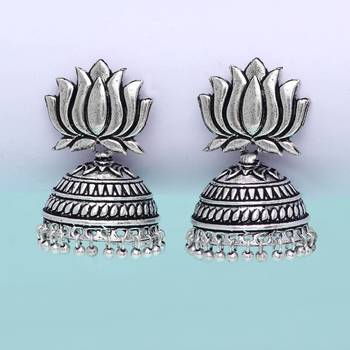 Silver Tone Lotus Design Stud Jhumki Earrings For Party Function 4