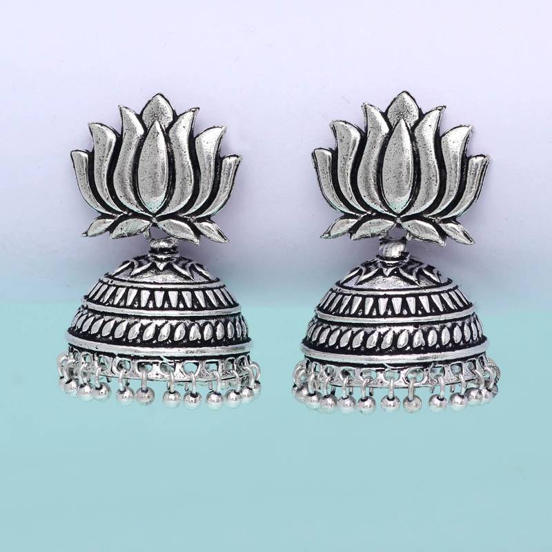 Silver Tone Lotus Design Stud Jhumki Earrings For Party Function