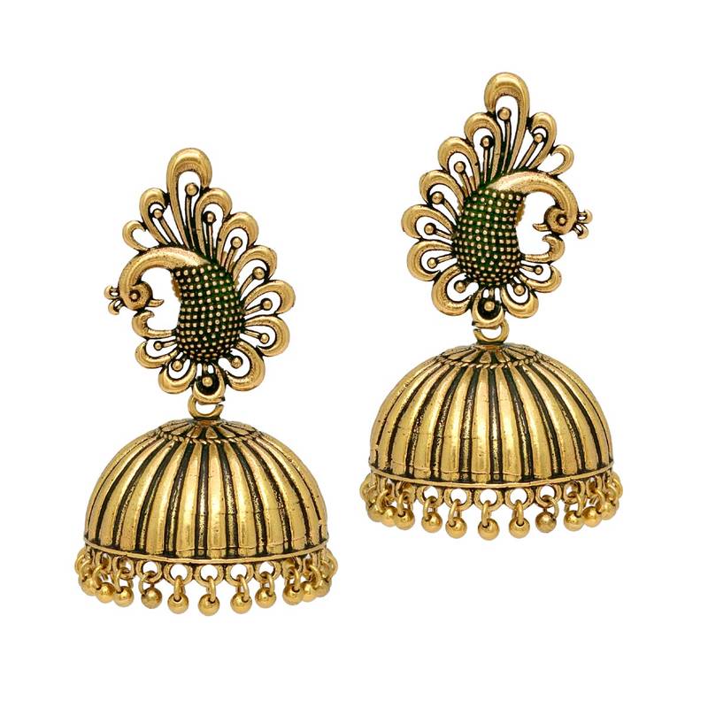 Peacock Inspired Oxidised Gold Plated Jhumka Earrings For Girls & Womens