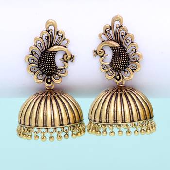 Peacock Inspired Oxidised Gold Plated Jhumka Earrings For Girls & Womens 4