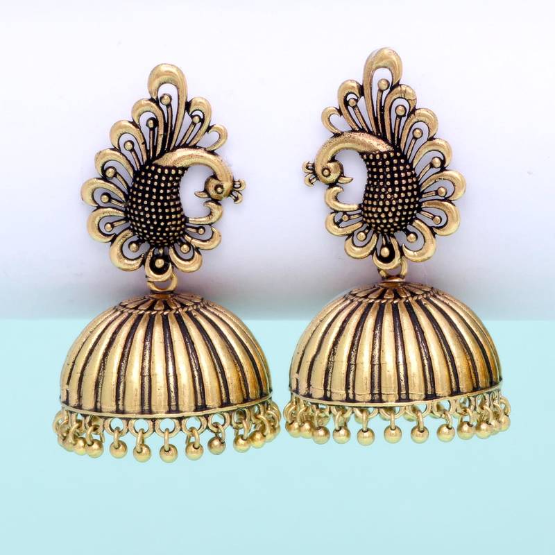 Peacock Inspired Oxidised Gold Plated Jhumka Earrings For Girls & Womens