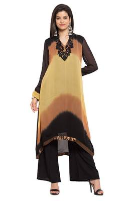 Brown Embroidered Georgette Stitched Long Kurti 1