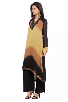 Brown Embroidered Georgette Stitched Long Kurti