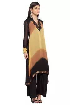 Brown Embroidered Georgette Stitched Long Kurti