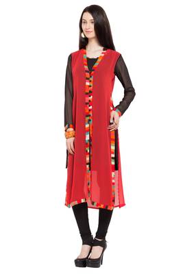 Red Plain Georgette Stitched Long Kurti 2