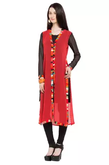 Red Plain Georgette Stitched Long Kurti