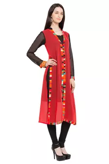 Red Plain Georgette Stitched Long Kurti