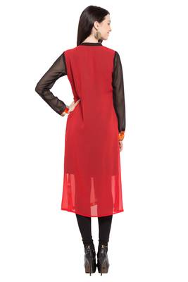 Red Plain Georgette Stitched Long Kurti 4