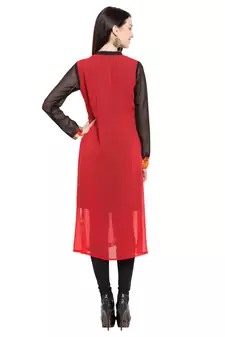Red Plain Georgette Stitched Long Kurti