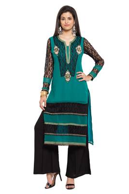 Blue Embroidered Georgette Stitched Long Kurti 1