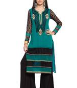 Blue Embroidered Georgette Stitched Long Kurti