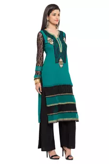 Blue Embroidered Georgette Stitched Long Kurti