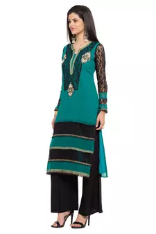 Blue Embroidered Georgette Stitched Long Kurti
