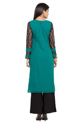 Blue Embroidered Georgette Stitched Long Kurti 4