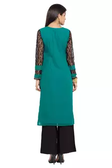 Blue Embroidered Georgette Stitched Long Kurti