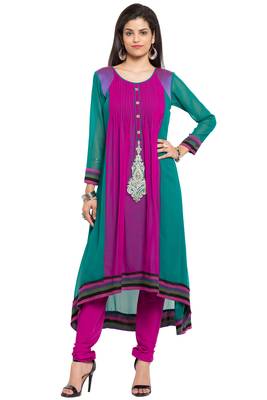 Purple Embroidered Georgette Stitched Long Kurti 1
