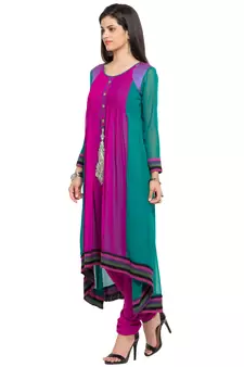 Purple Embroidered Georgette Stitched Long Kurti