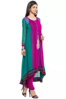 Purple Embroidered Georgette Stitched Long Kurti