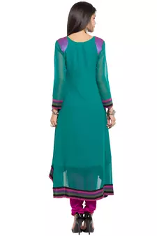 Purple Embroidered Georgette Stitched Long Kurti