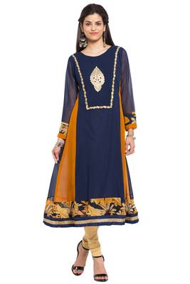 Blue Embroidered Georgette Stitched Long Kurti 1
