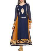 Blue Embroidered Georgette Stitched Long Kurti