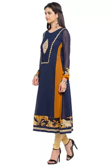 Blue Embroidered Georgette Stitched Long Kurti
