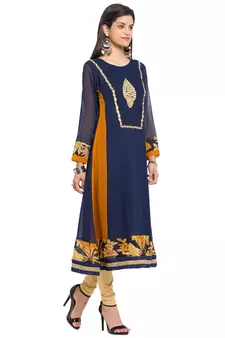 Blue Embroidered Georgette Stitched Long Kurti