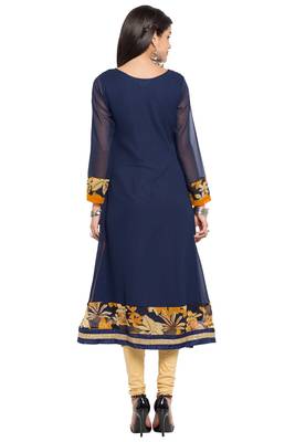 Blue Embroidered Georgette Stitched Long Kurti 4