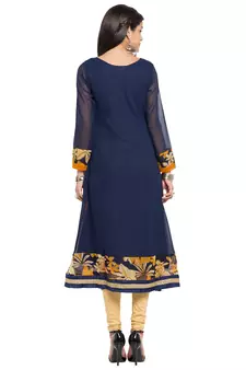 Blue Embroidered Georgette Stitched Long Kurti