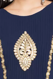 Blue Embroidered Georgette Stitched Long Kurti