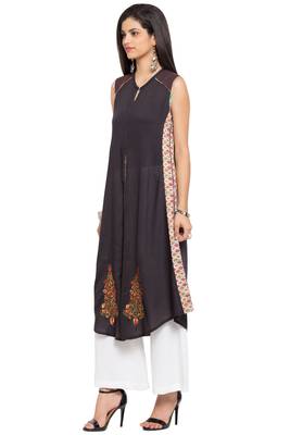 Black Embroidered Cotton Stitched Long Kurti 2