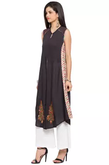 Black Embroidered Cotton Stitched Long Kurti
