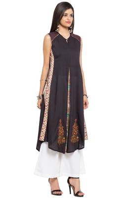 Black Embroidered Cotton Stitched Long Kurti 3