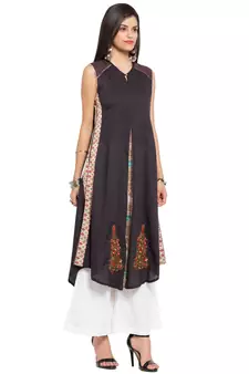 Black Embroidered Cotton Stitched Long Kurti