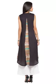Black Embroidered Cotton Stitched Long Kurti