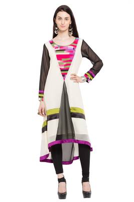 White Printed Georgette Stitched Long Kurti 1