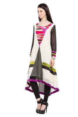 White Printed Georgette Stitched Long Kurti 2