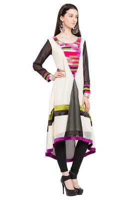 White Printed Georgette Stitched Long Kurti 3